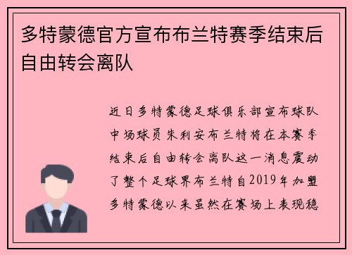 多特蒙德官方宣布布兰特赛季结束后自由转会离队