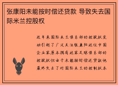 张康阳未能按时偿还贷款 导致失去国际米兰控股权
